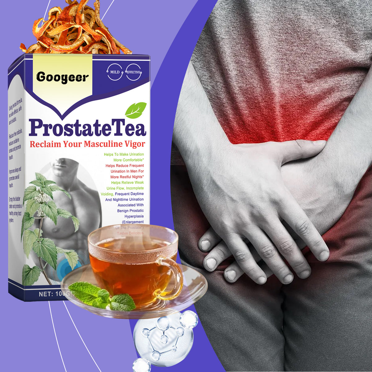 Eprolo Googeer Prostate Tea Body Treatment package with herbal tea and supplement capsules for prostate health.