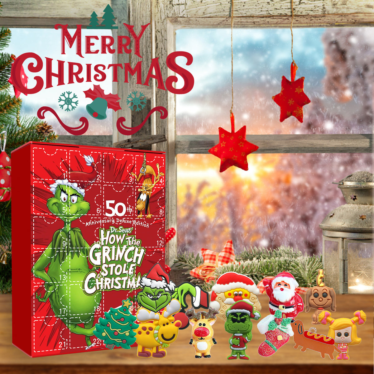 Green Sulley Grinch cartoon toy from eprolo, inside a blind box, part of the Christmas Sulley Grinch Series 24 collection.