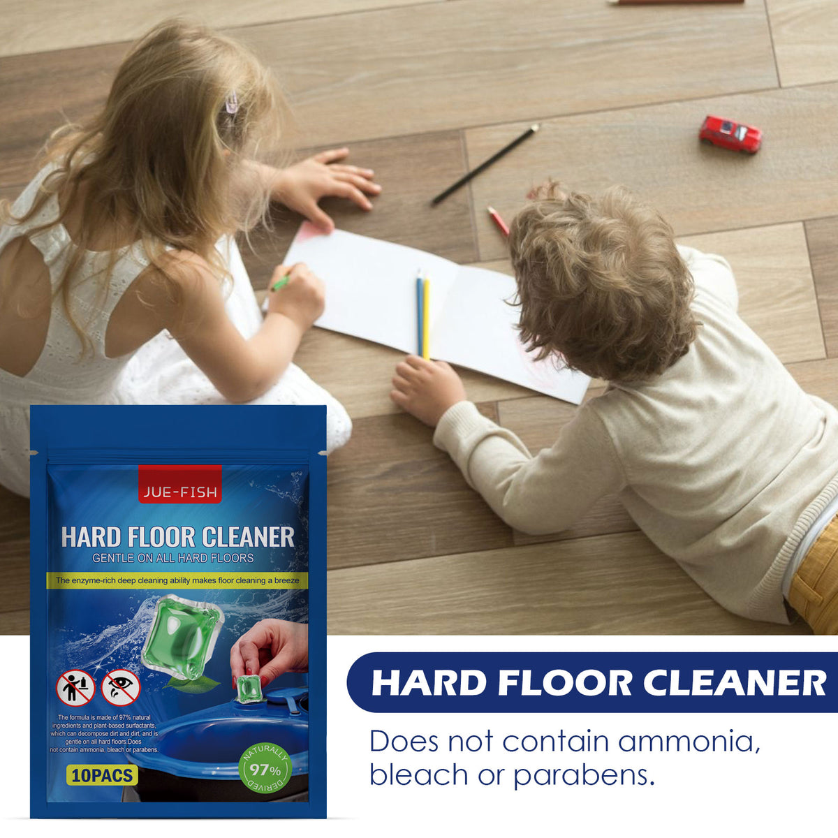 Eprolo hard floor cleaning bead with tile cleaner, showcasing a bright, polished, and fragrant sealed floor surface.