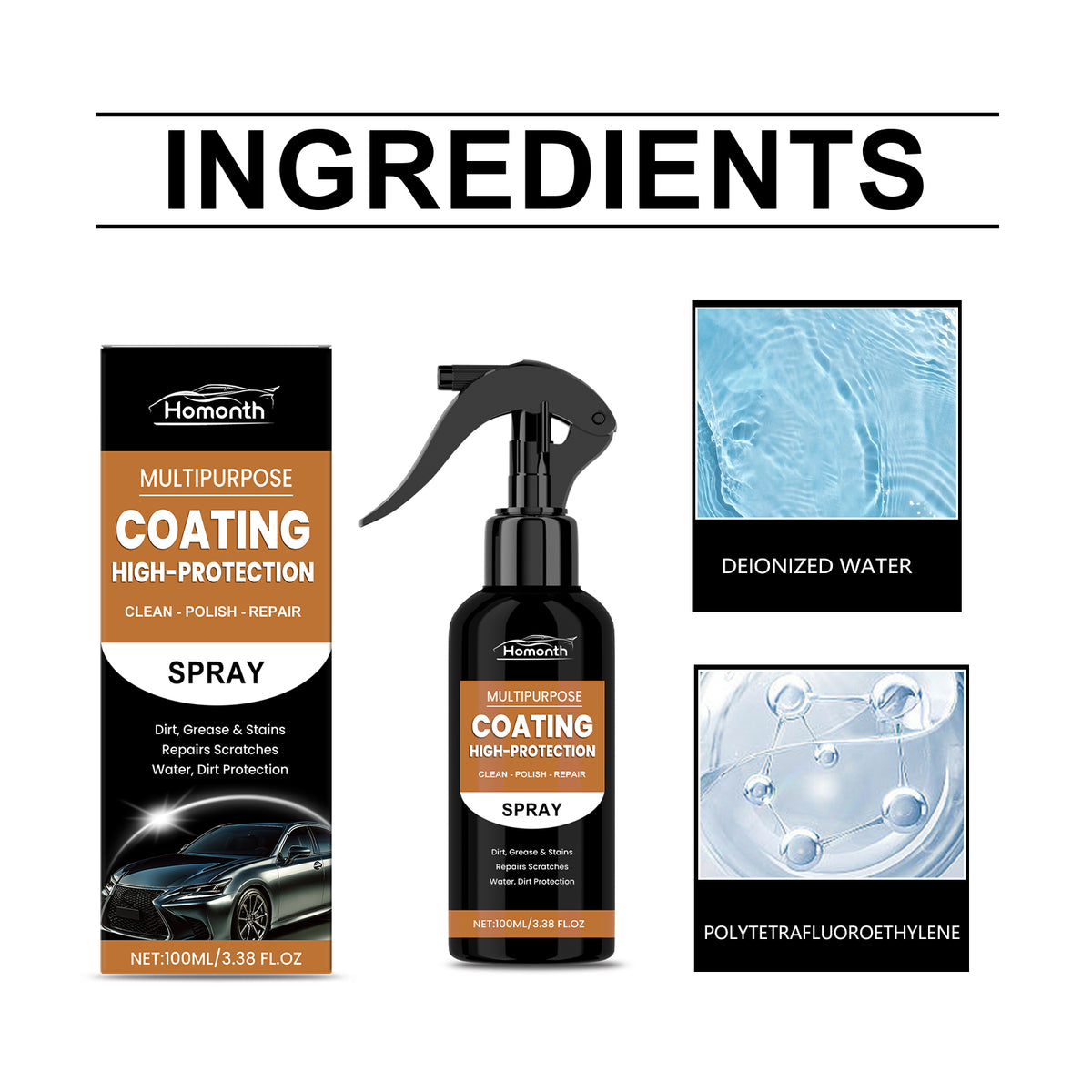 Homonth eprolo automobile protective coating spray for car cleaning, rust removal, scratch repair, and universal vehicle care.