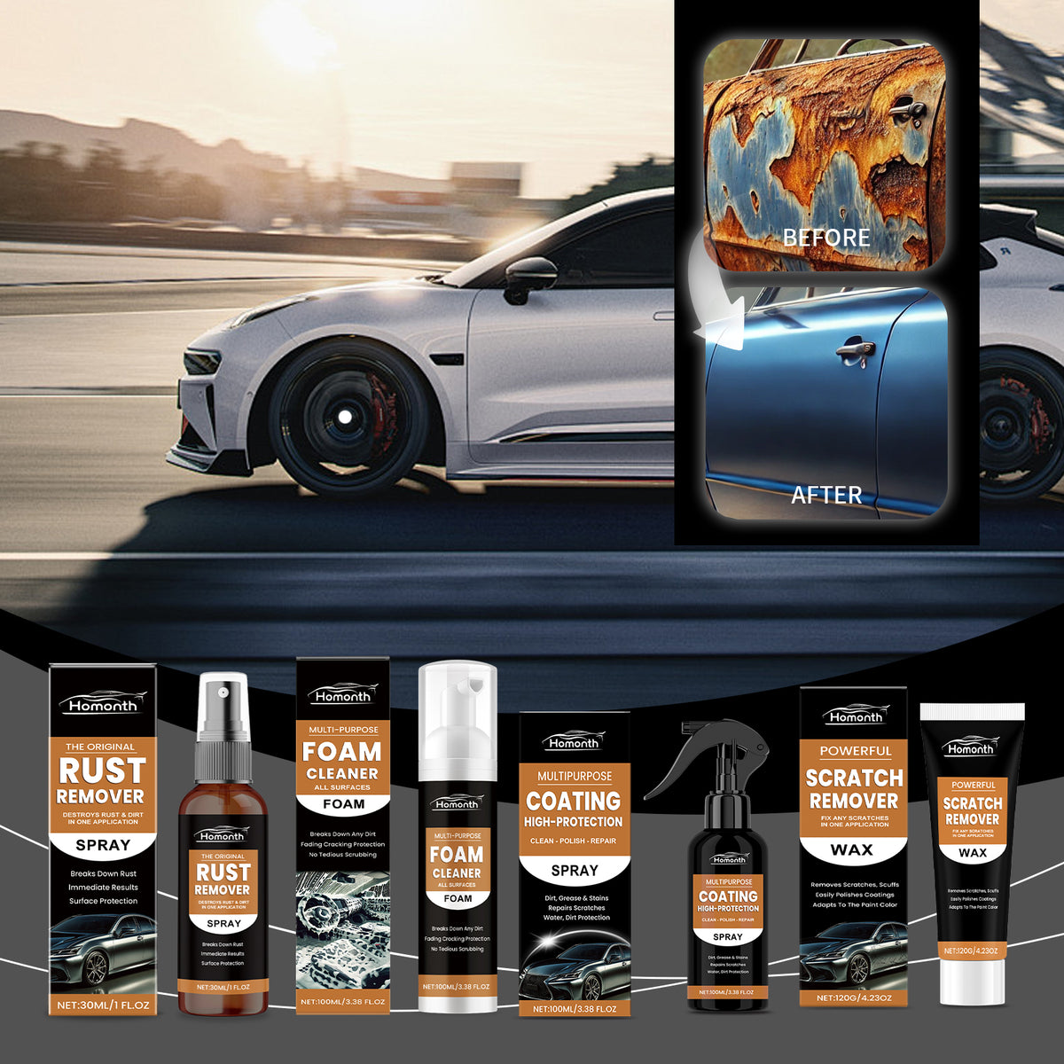 Homonth eprolo automobile protective coating spray for car cleaning, rust removal, scratch repair, and universal vehicle care.