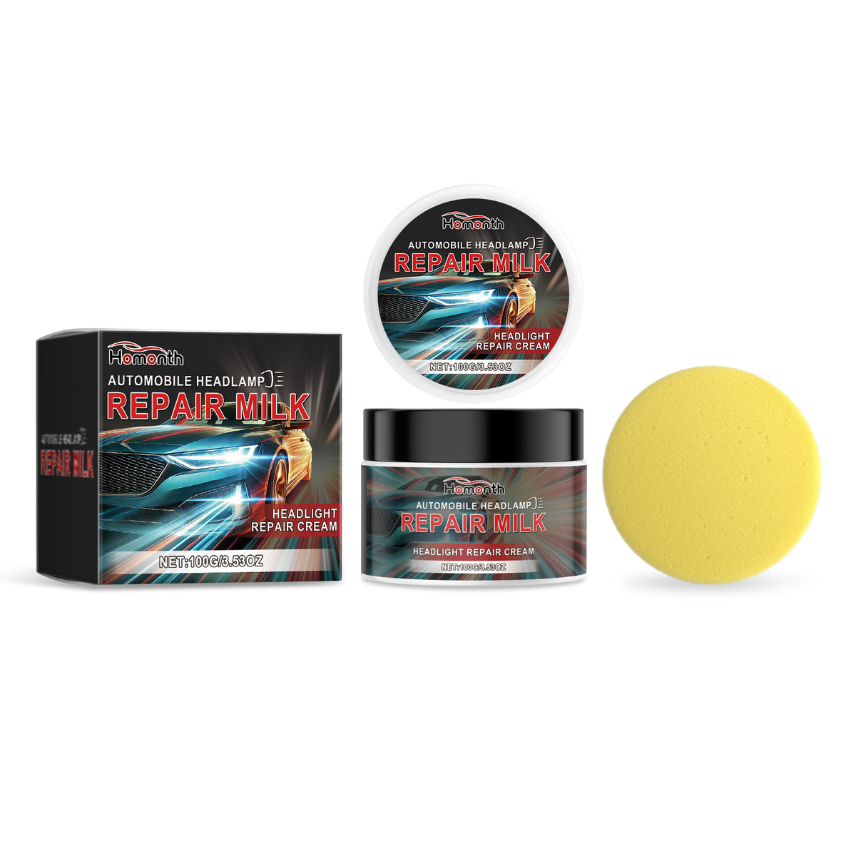 eprolo Homonth car headlight repair kit with bright retreading agent and scratch remover for yellowed, cloudy headlights.