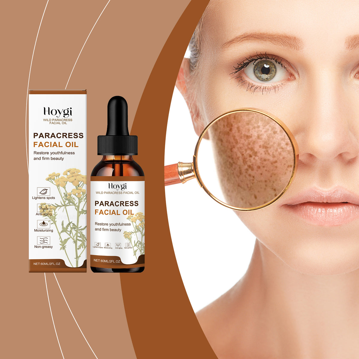 eprolo Hoygi Facial Essential Oil bottle showing the product label and dropper for dull skin improvement and brightening skincare