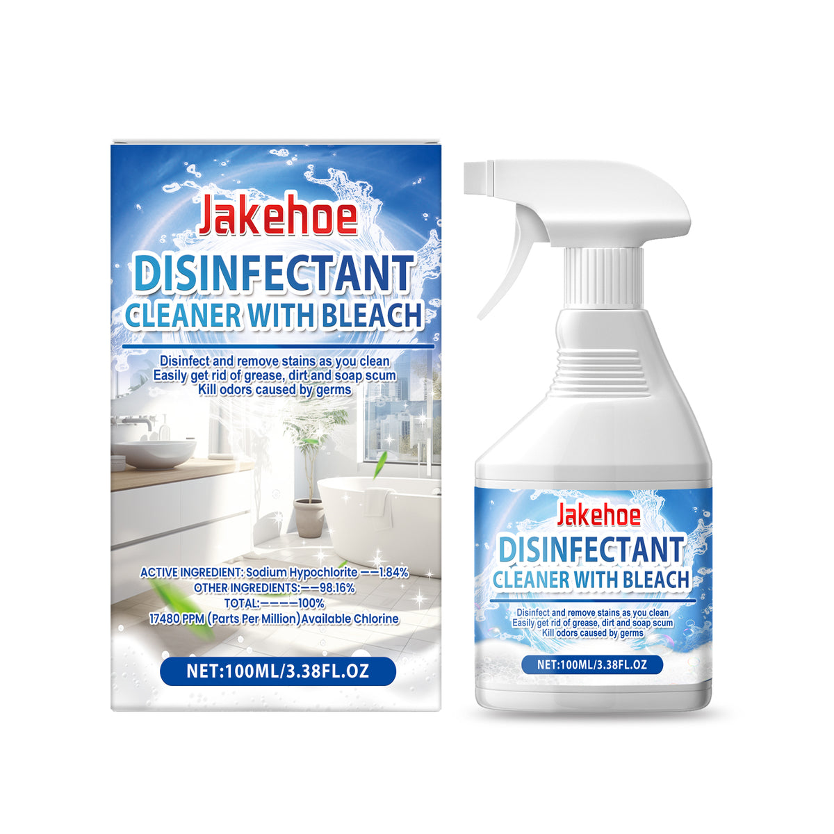 Eprolo Jakehoe bathroom cleaning spray with a spray bottle, designed for removing stains, scale, and cleaning bathtubs and surfaces.