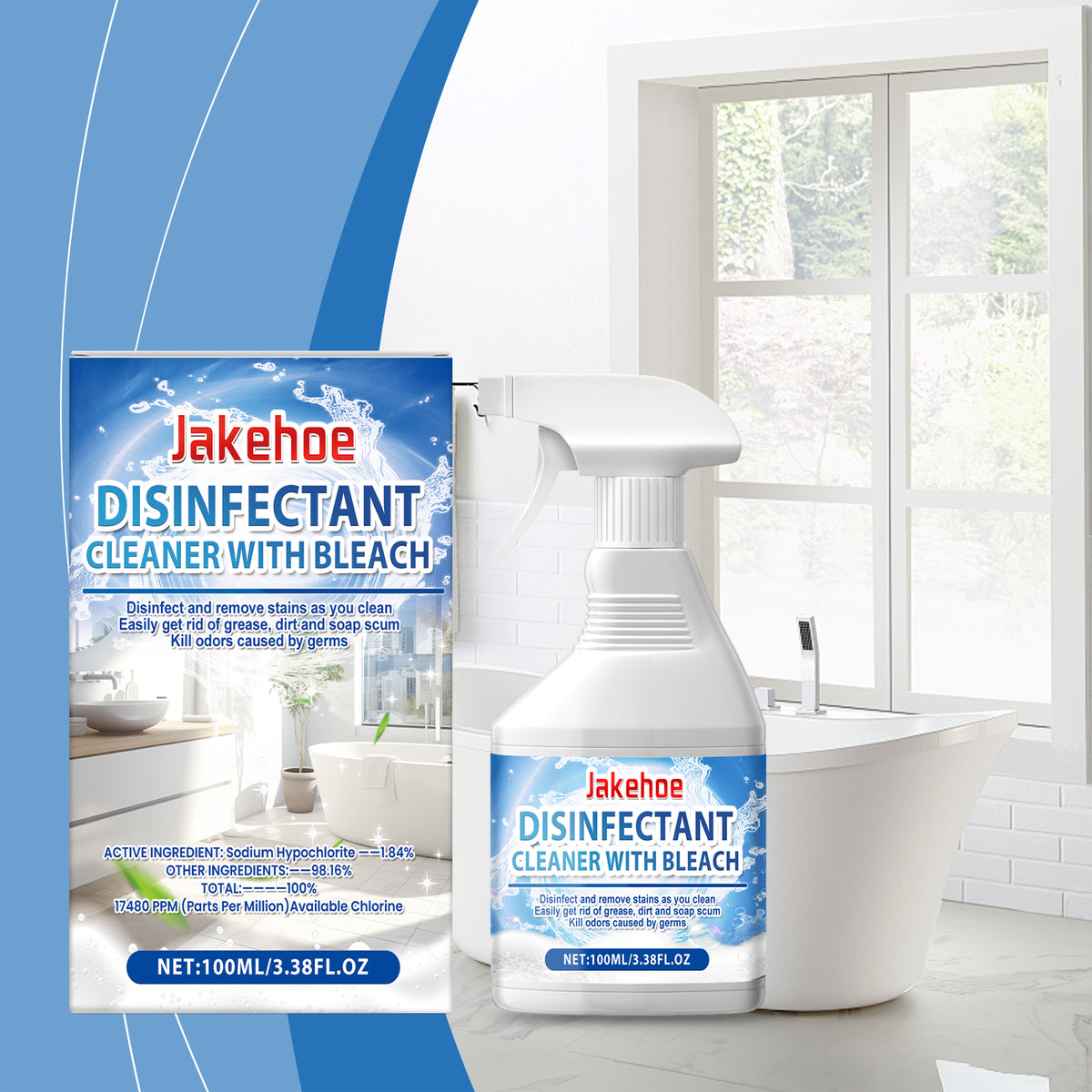 Eprolo Jakehoe bathroom cleaning spray bottle with label, designed for removing stains, scale, and dirt from bathtubs and surfaces.