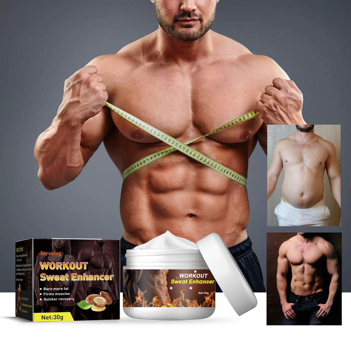 eprolo Jaysuing Ab Cream for body sculpting, firming and shaping muscles with enhancing line definition in a tub.