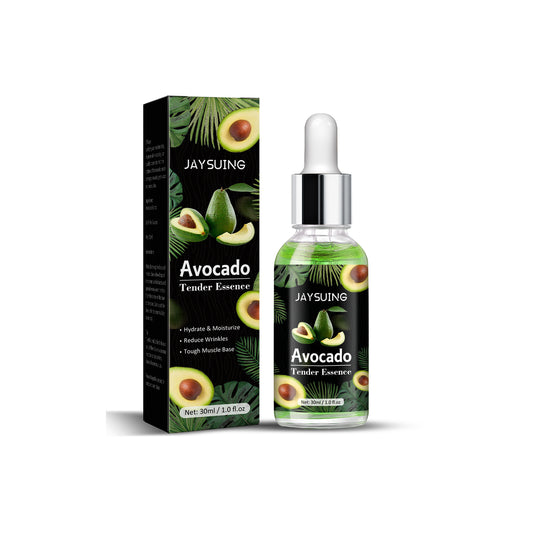 Jaysuing Avocado Serum from eprolo with a clear glass bottle, highlighting brightening, moisturizing, and anti-aging skincare benefits.
