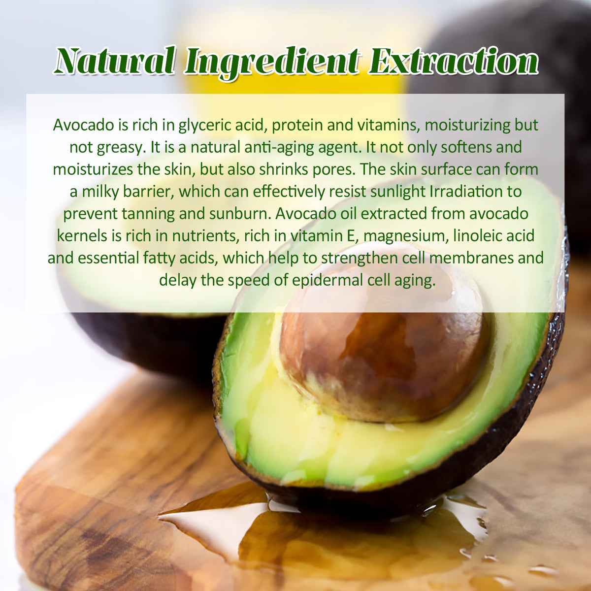 Jaysuing avocado serum bottle, brightening facial tone, moisturizing skin essence, and lightening fine lines in clear packaging.