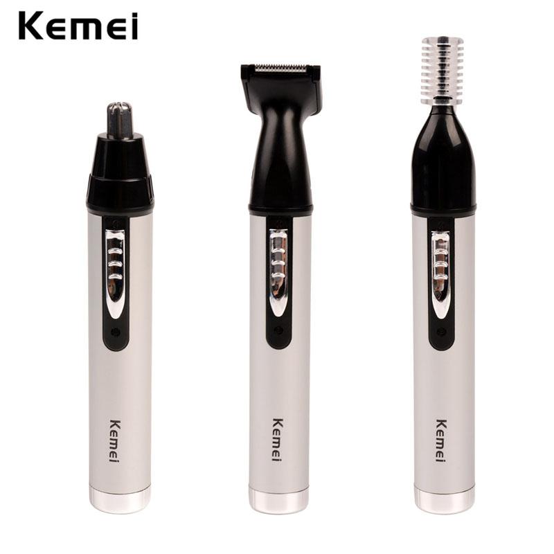 Kemei electric nose and ear hair trimmer for men and women, with sideburn and eyebrow trimming attachments, pink and white design