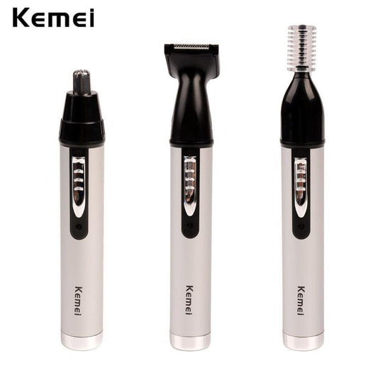 Kemei electric nose and ear hair trimmer for men and women, with sideburn and eyebrow trimming attachments, pink and white design