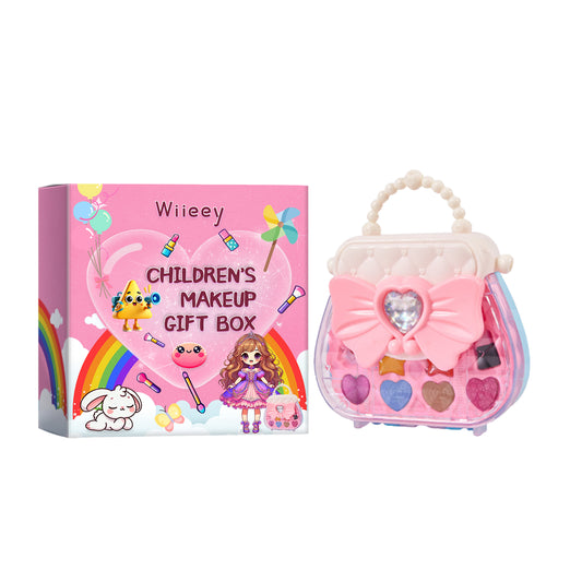 Kids makeup gift box by eprolo with colorful lipstick, eyeshadow, and playful girl-themed makeup accessories displayed in a box.