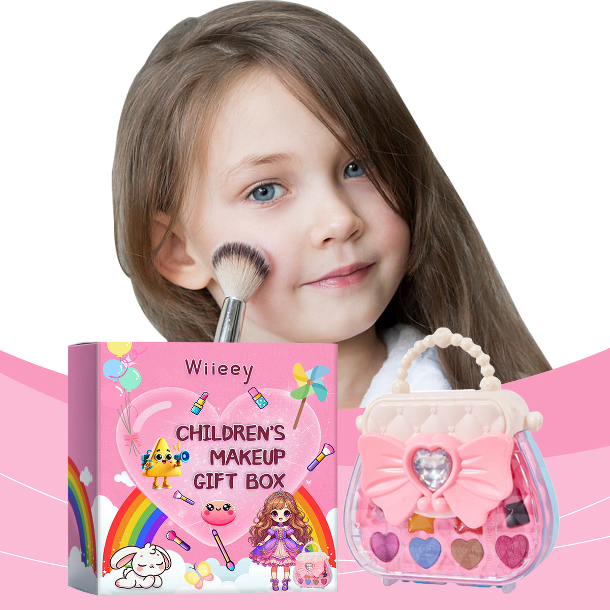 Kids makeup gift box with colorful lipstick, eyeshadow, and playful accessories from eprolo, designed for fun girl makeup play.