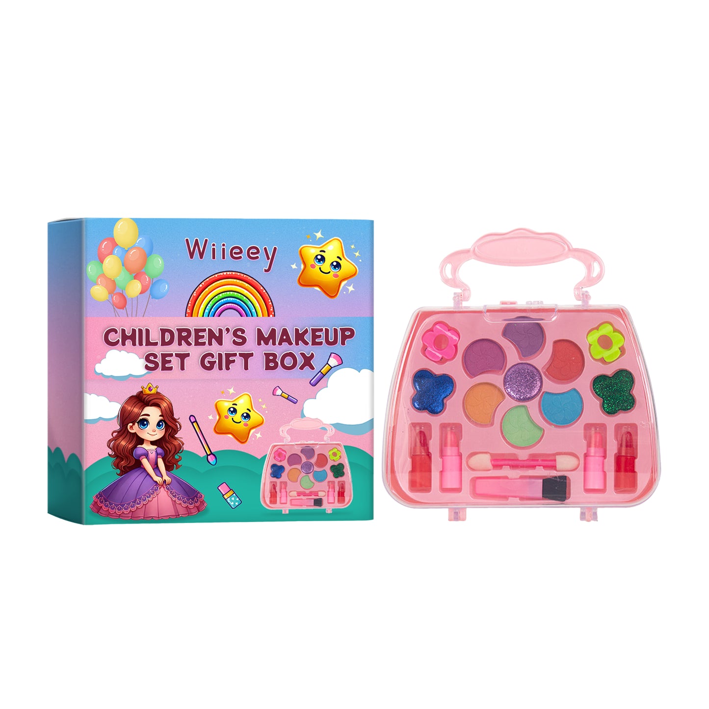 Kids makeup set gift box by eprolo with colorful lipstick, eyeshadow, and play makeup accessories for girls.