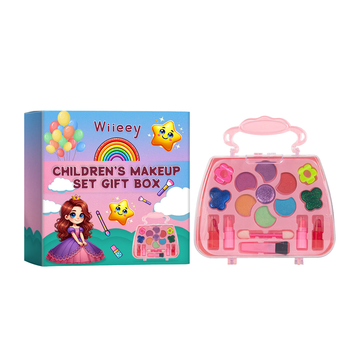 Kids makeup set gift box by eprolo with colorful lipstick, eyeshadow, and play accessories for girls' fun pretend makeup.