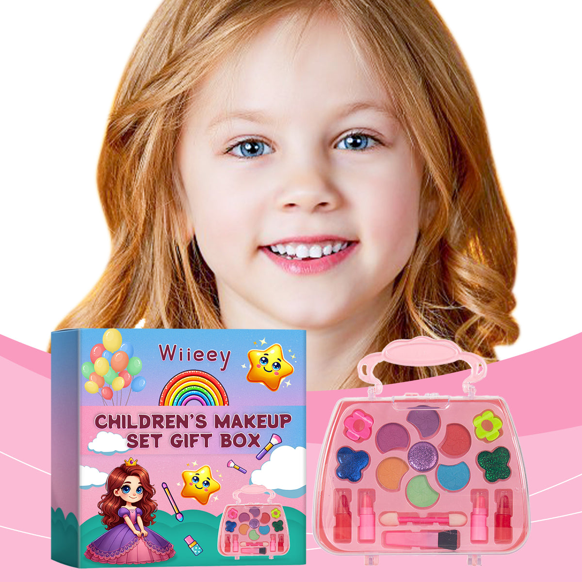 Kids makeup set gift box with colorful lipstick, eyeshadow, and play accessories from eprolo, designed for fun girl makeup play.