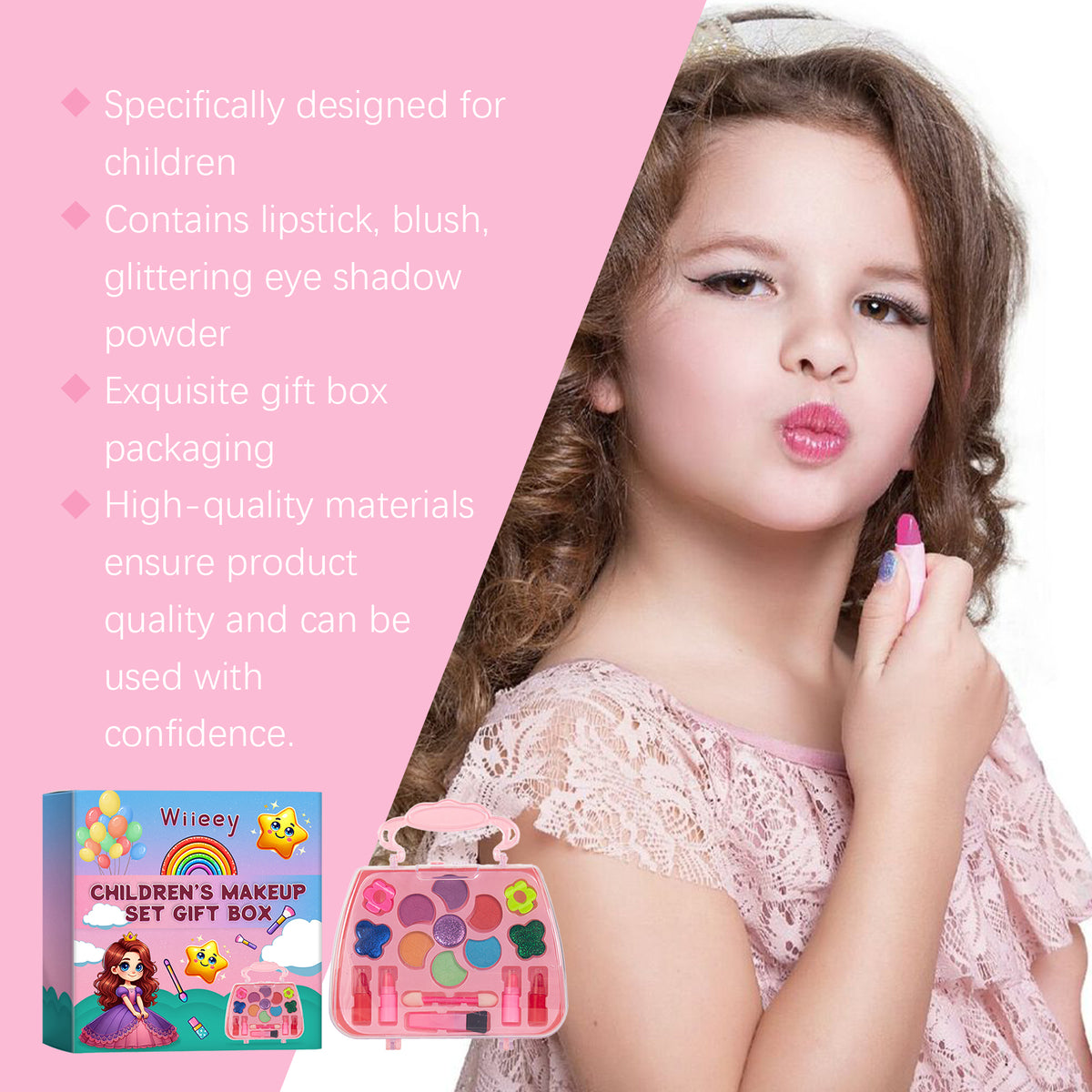 Colorful kids makeup set gift box with lipstick and eyeshadow for girls, featuring playful and fun makeup accessories by eprolo.