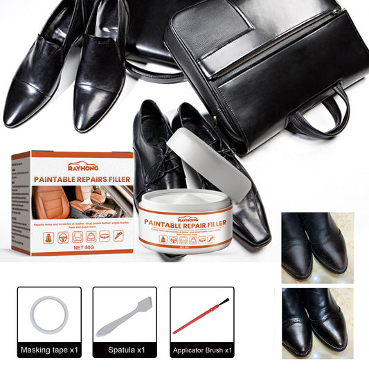 Eprolo leather filling cream applied to a leather car seat, showcasing its use for leather sofa, bag, shoes, and clothing care.