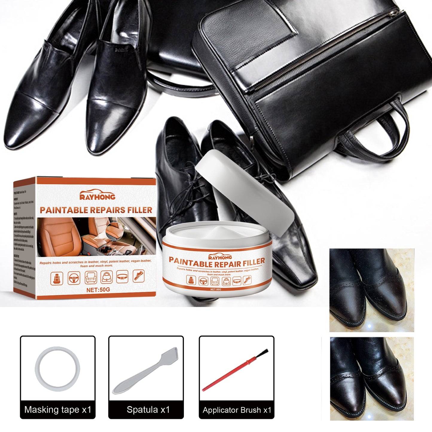 eprolo leather filling cream for car seats, sofas, bags, shoes, and clothing, used to restore and condition leather products.