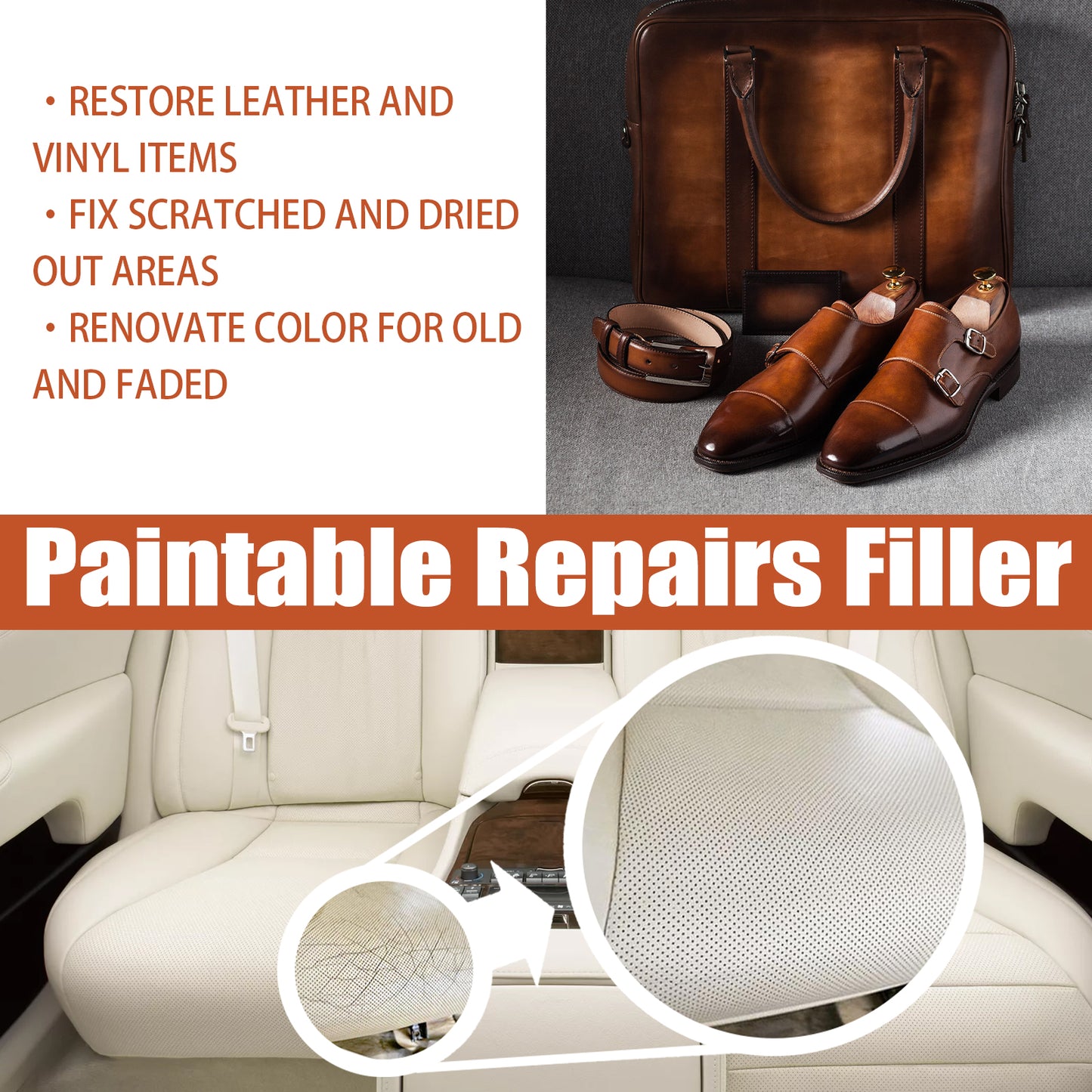 Eprolo leather filling cream applied to a leather car seat, showcasing its smooth, restored surface for leather care and maintenance.