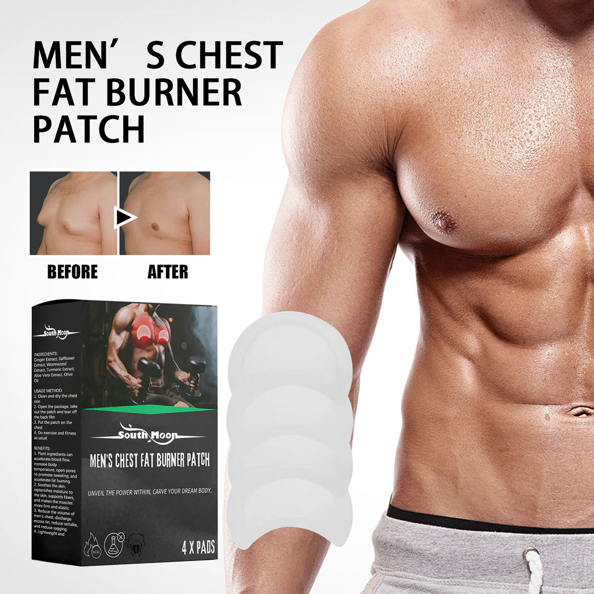 Men's chest fat burner patch by eprolo, showing the firming and anti-sagging chest massage care patch on a man's chest.
