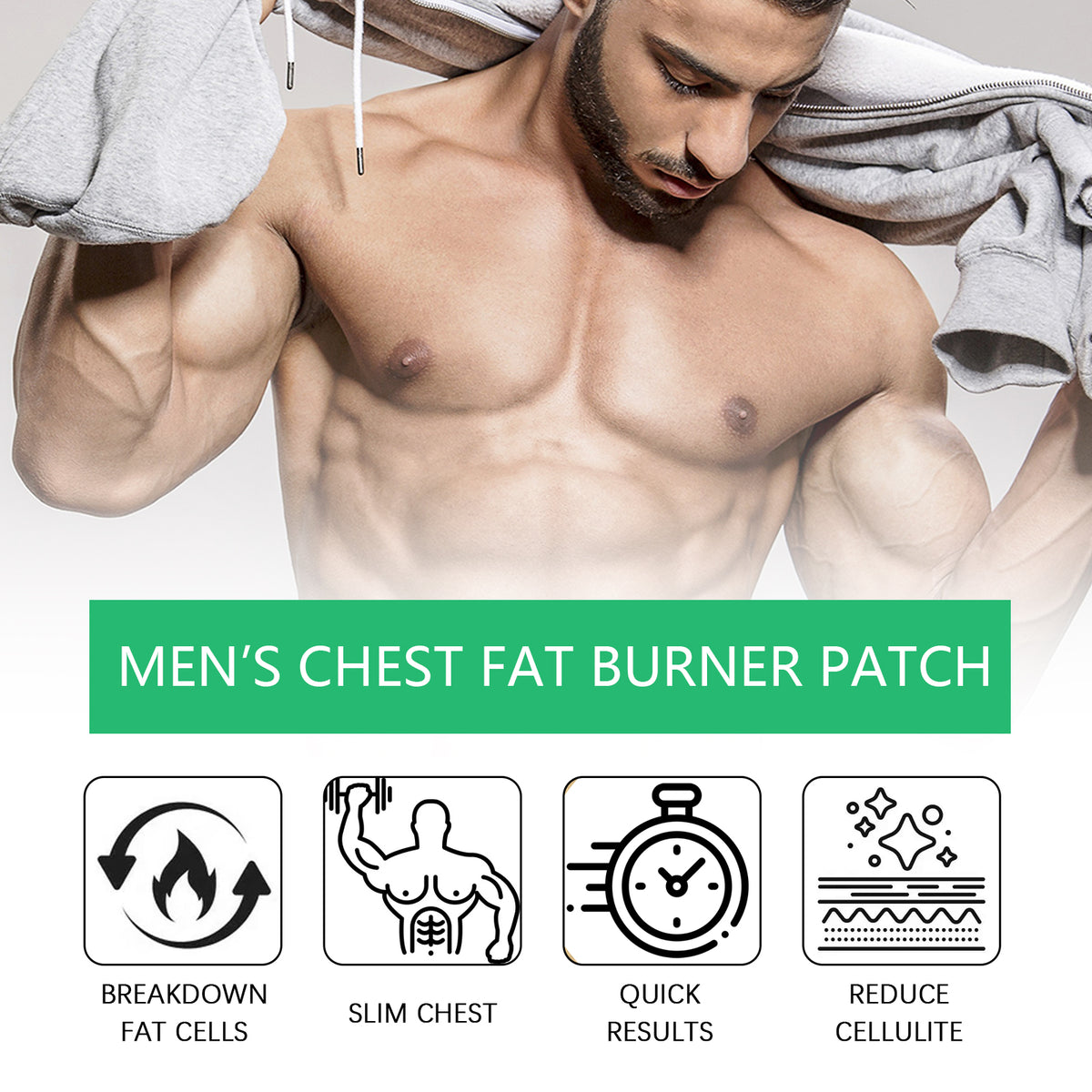 eprolo men's chest fat burner patch for firming, anti-sagging, and chest massage, shown applied on the chest area