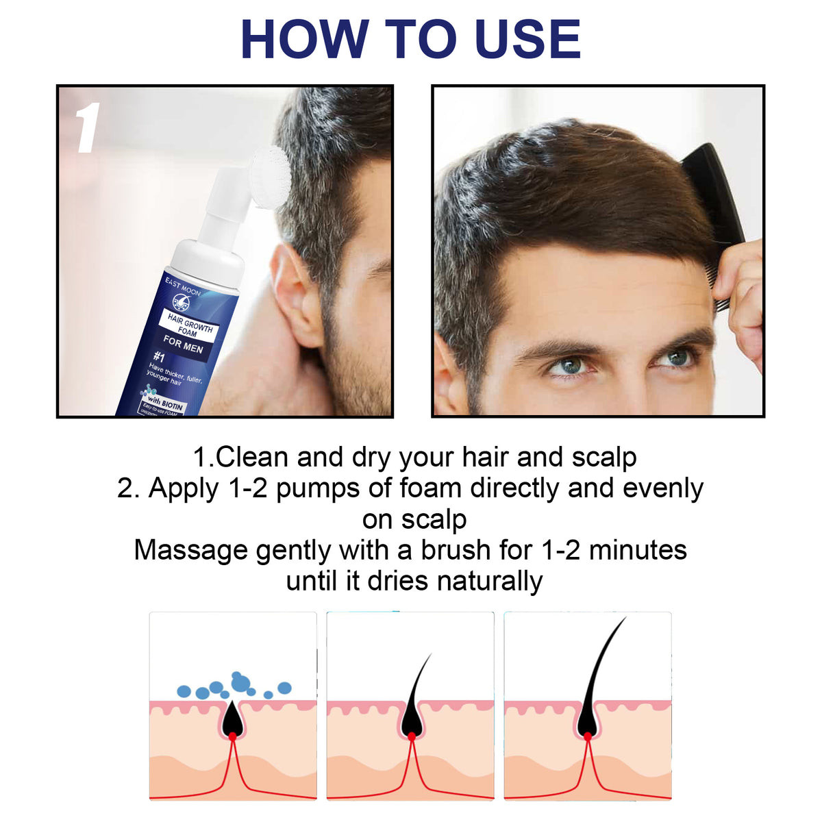 Men's dense hair foam machine by eprolo applying thickening and moisturizing foam to hair roots and follicles.