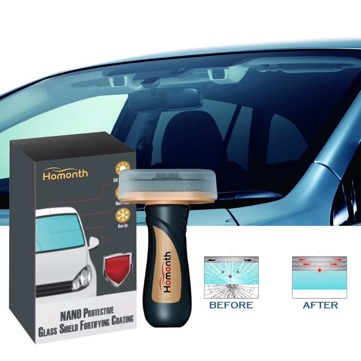 eprolo Nano Protective Glass Shield coating on car windshield showing waterproof, dustproof, and UV protection features.