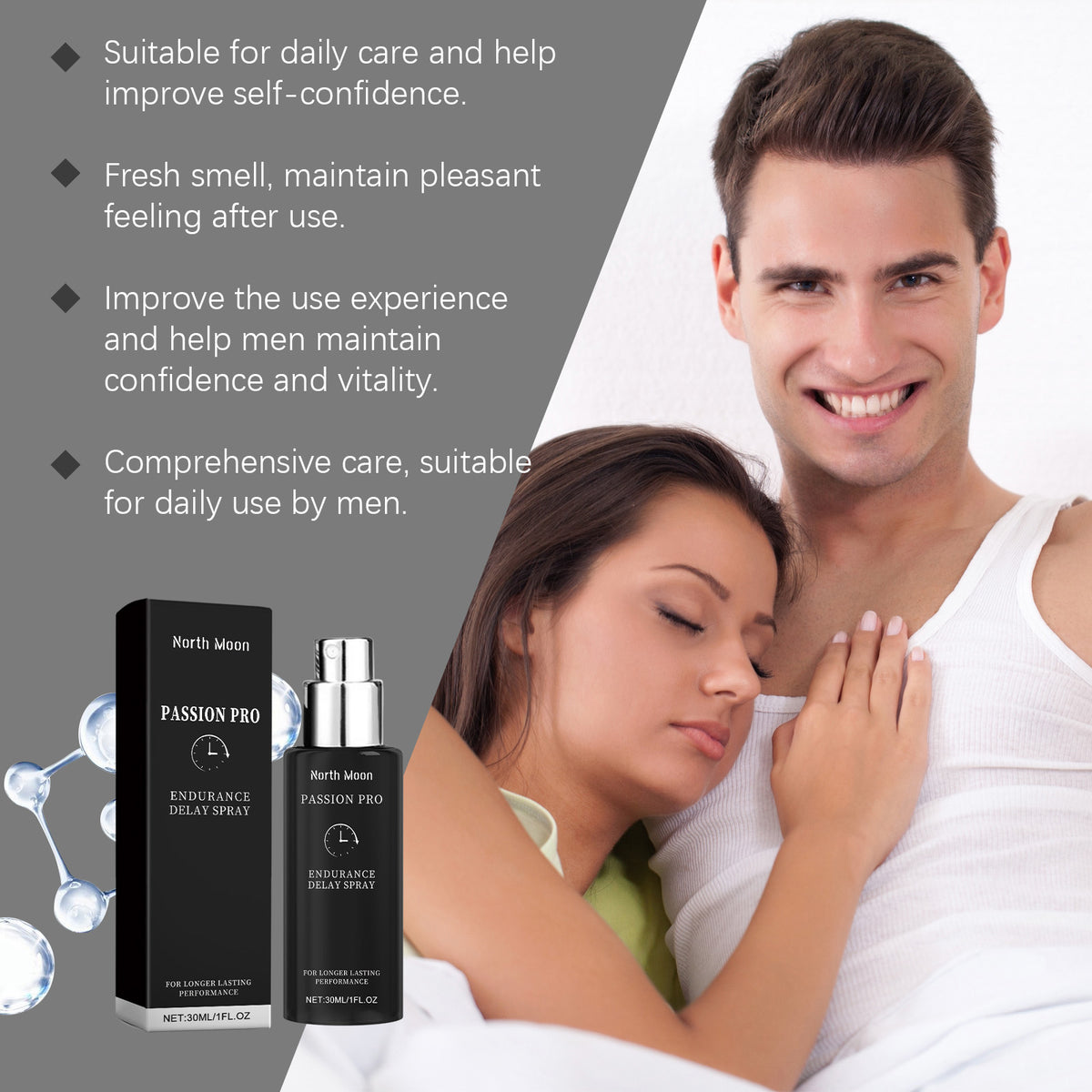 North Moon men's care spray by eprolo, soothing body massage spray with mild, moisturizing formula for daily use.
