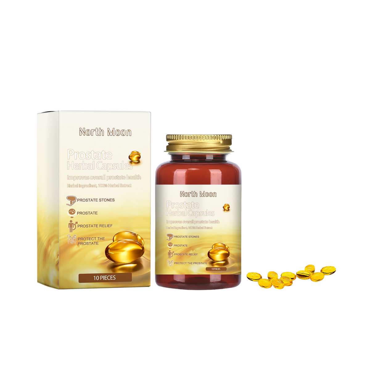 North Moon Qianlikang Relief Capsule for men, showing the supplement bottle and packaging for body massage and discomfort relief.