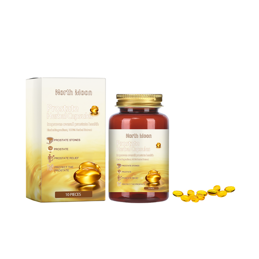 North Moon Qianlikang Relief Capsule for men, showing the supplement bottle and packaging for body massage and discomfort relief.