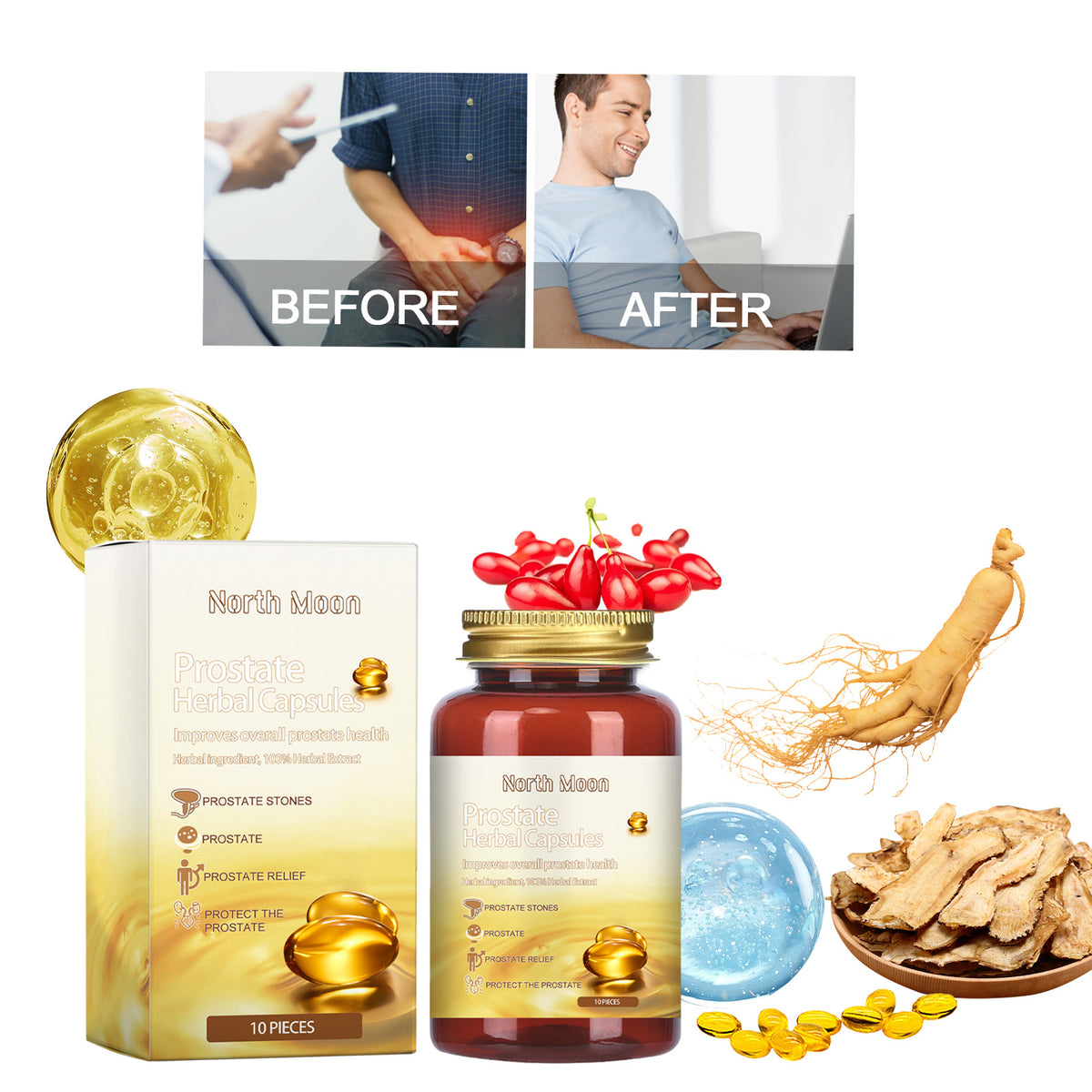 North Moon Qianlikang Relief Capsule bottle by eprolo, men's massage treatment for discomfort and enhanced vitality.