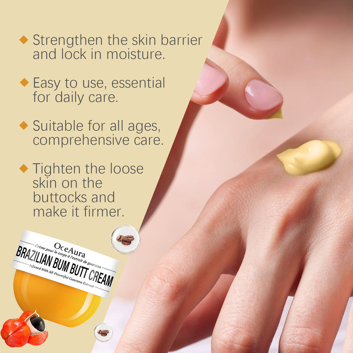 eprolo Oceaura Hip Firming Cream applied to skin, showing smooth, moisturized, and elastic hip area for firming body care.