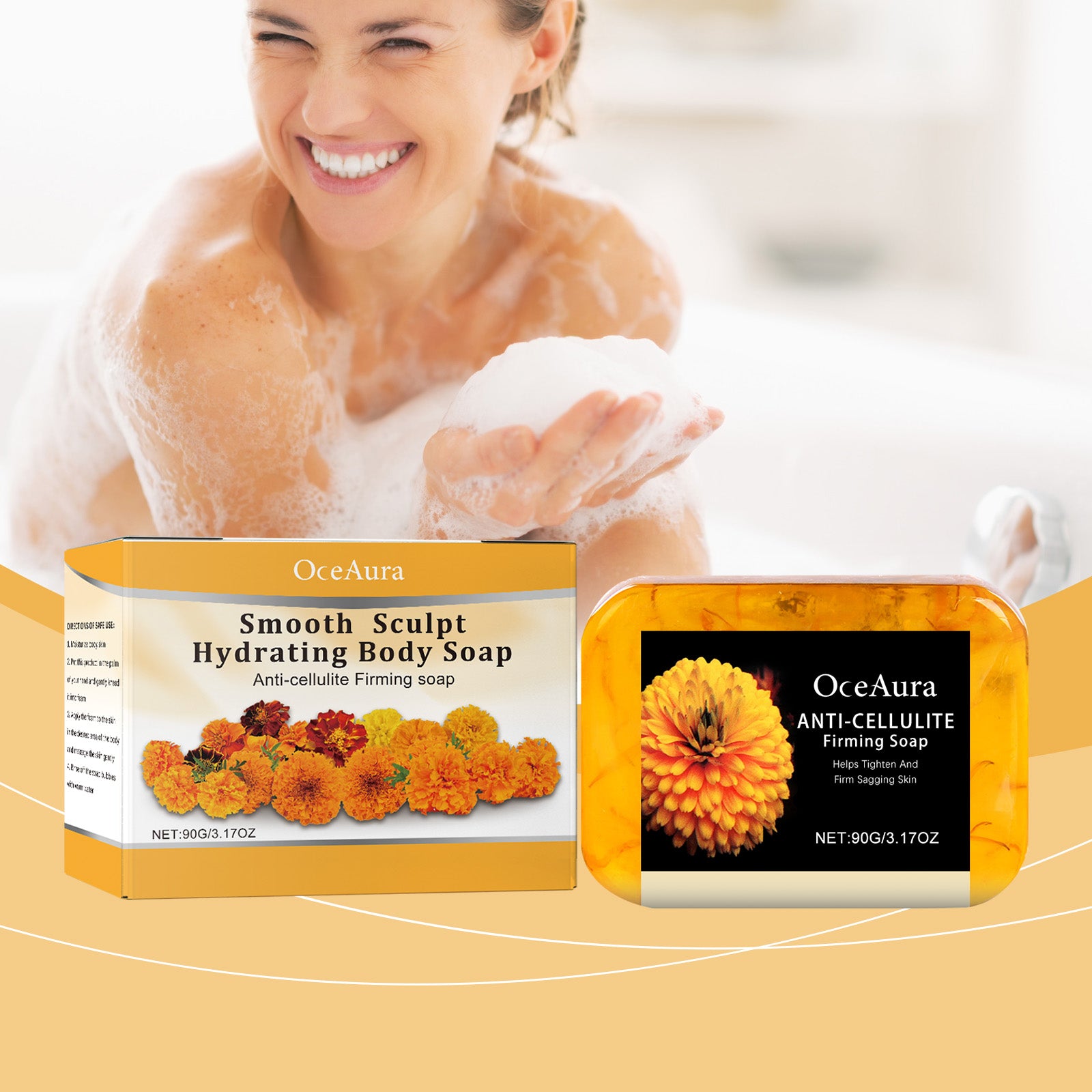 eprolo OceAura orange peel moisturizing shower soap bar showing the soap with orange peel pieces and hydrating body skin.