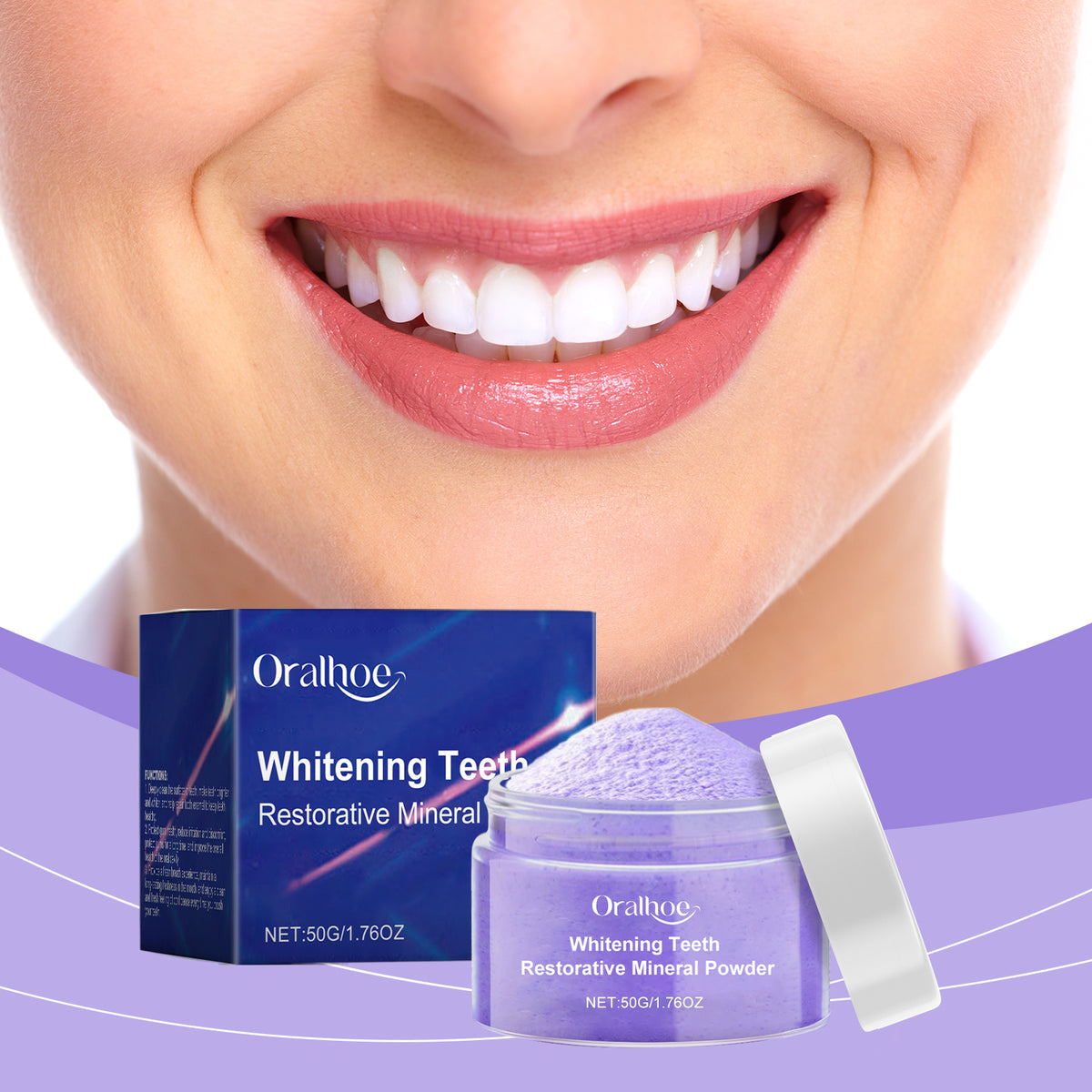 eprolo Oralhoe purple brightening tooth powder with gentle mouth cleanser for fresh breath and teeth care.