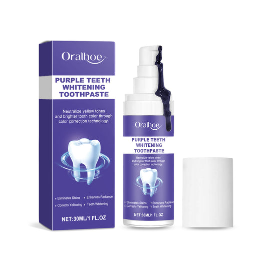 Eprolo Oralhoe purple brightening toothpaste with lavender hue, promoting stain removal and gentle dental cleaning for brighter teeth.