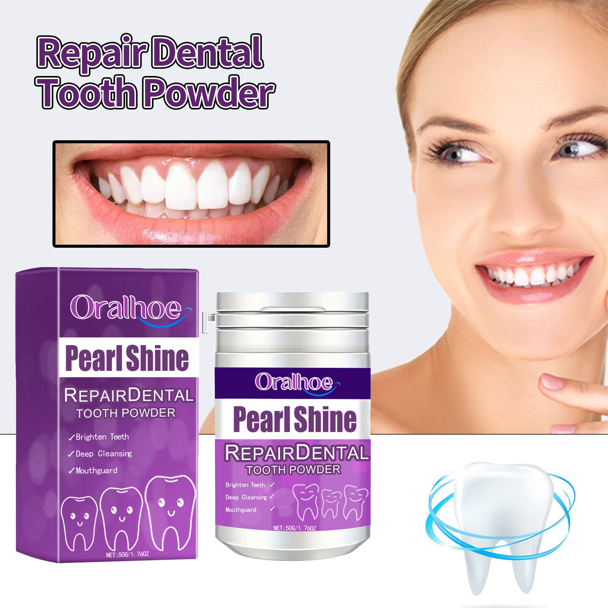 Eprolo Oralhoe Repair Dental Tooth Powder with mint for whitening and removing stains from teeth, freshens breath, and cleans residue.
