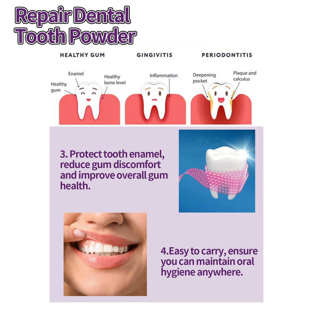 eprolo Oralhoe Repair Dental Tooth Powder with whitening mint removes yellow stains and residue for clean, fresh teeth.