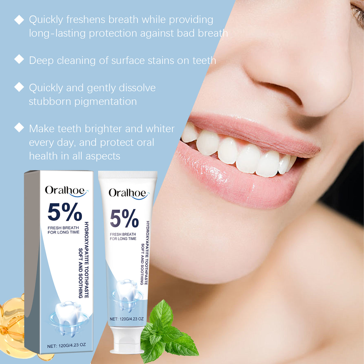 eprolo Oralhoe Repair Toothpaste for cleaning, stain removal, and brightening teeth with mint flavor.
