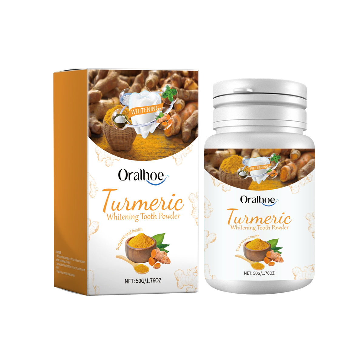 Eprolo Oralhoe white turmeric tooth cleaning powder with yellow teeth stain removal and fresh mouth odor care.