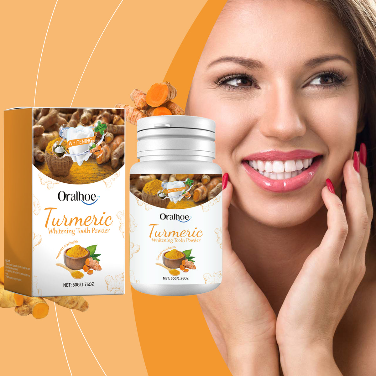 eprolo oralhoe white turmeric tooth cleaning powder with yellow teeth stain removal and fresh breath care in a white container