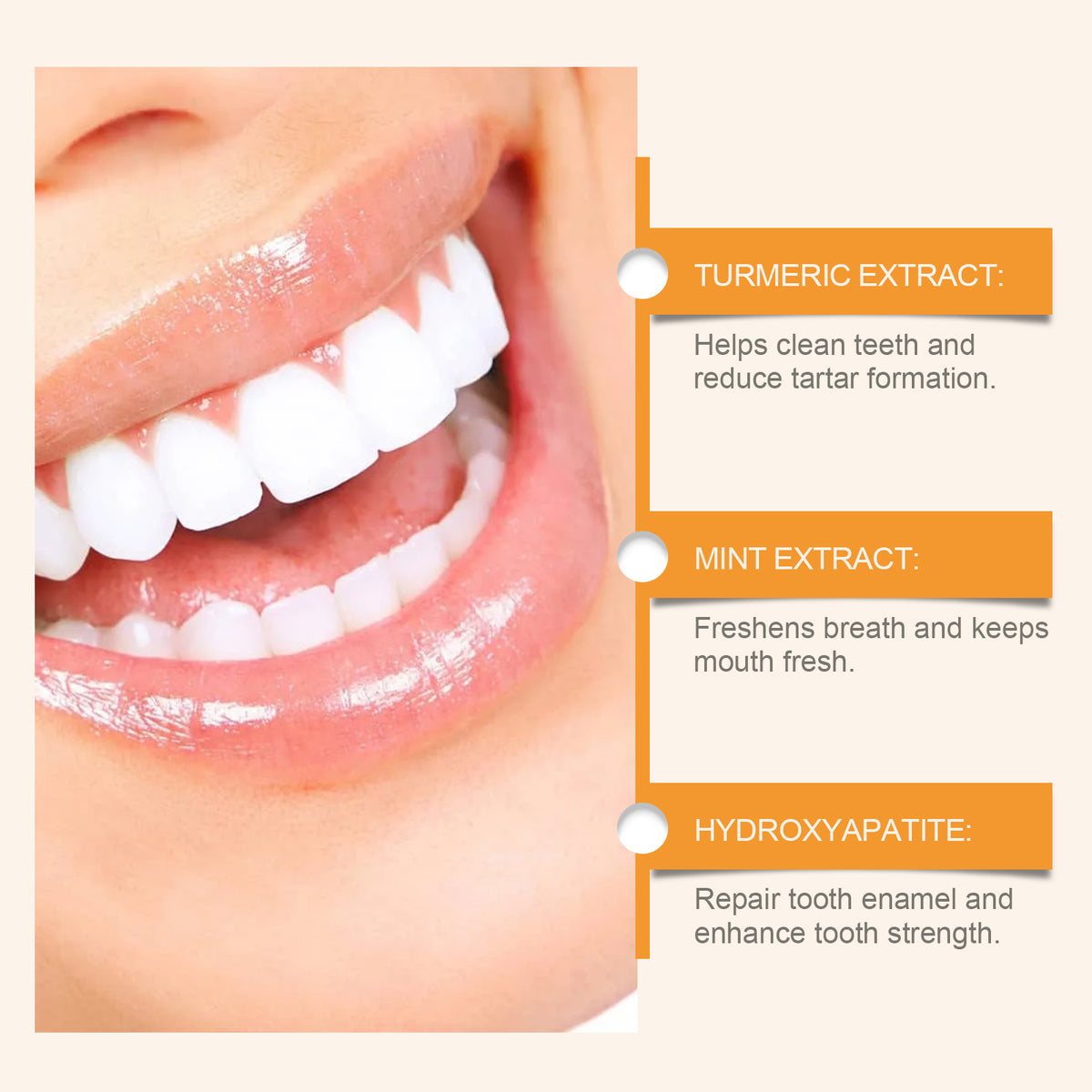 Eprolo White Turmeric Tooth Cleaning Powder with yellow teeth stain removal and fresh mouth odor relief, natural oral care product.