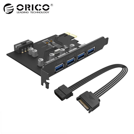 eprolo ORICO PCI-E Riser Card with USB 3.0 hub, four USB ports, gigabit Ethernet, and 15-pin power supply for PCI-E extension