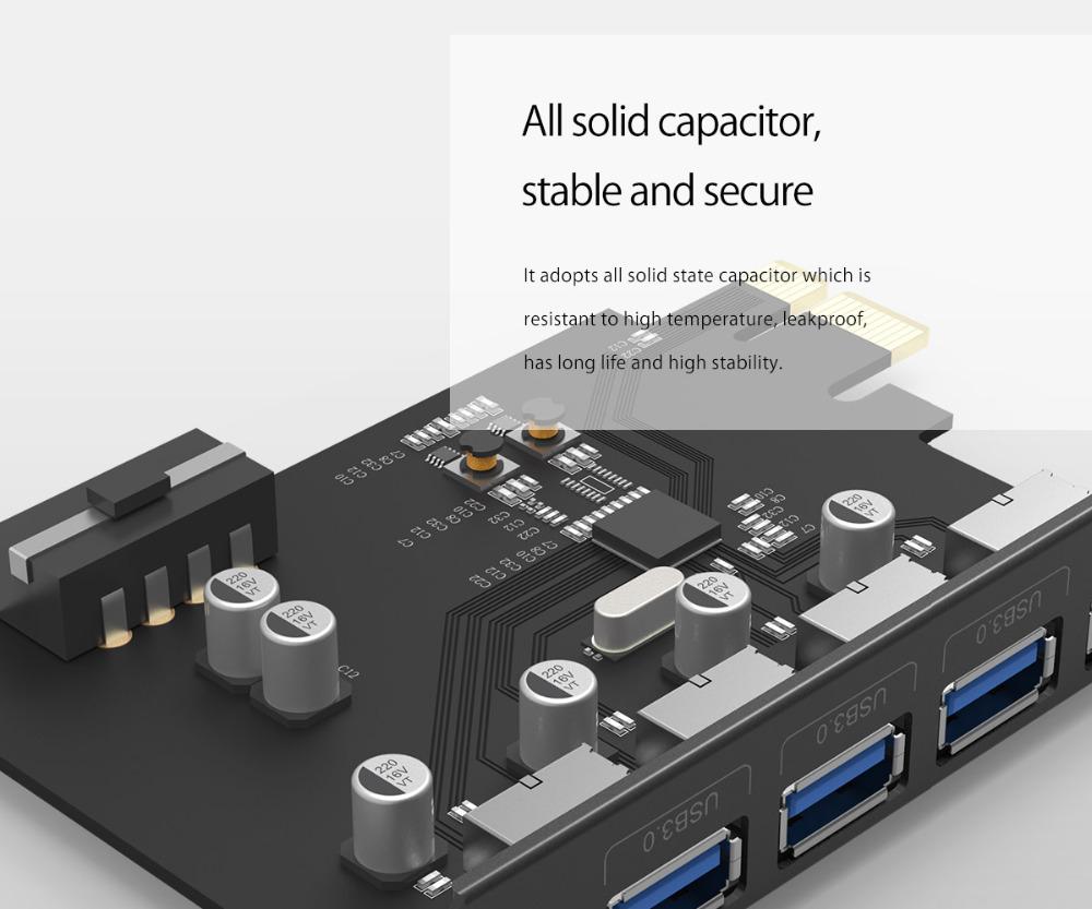 eprolo ORICO PCIe riser card with USB 3.0 hub, four USB ports, gigabit Ethernet, and 15-pin power supply connector.