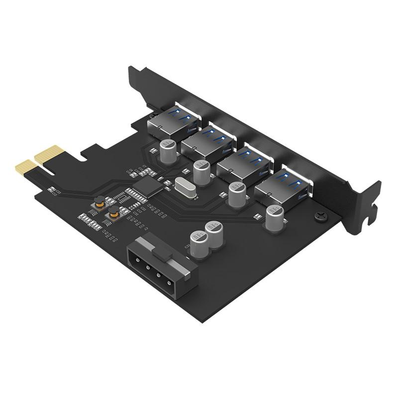 eprolo ORICO PCI-E express riser card with 4 USB 3.0 ports, gigabit Ethernet, and 15-pin power supply for PCI-E extension.