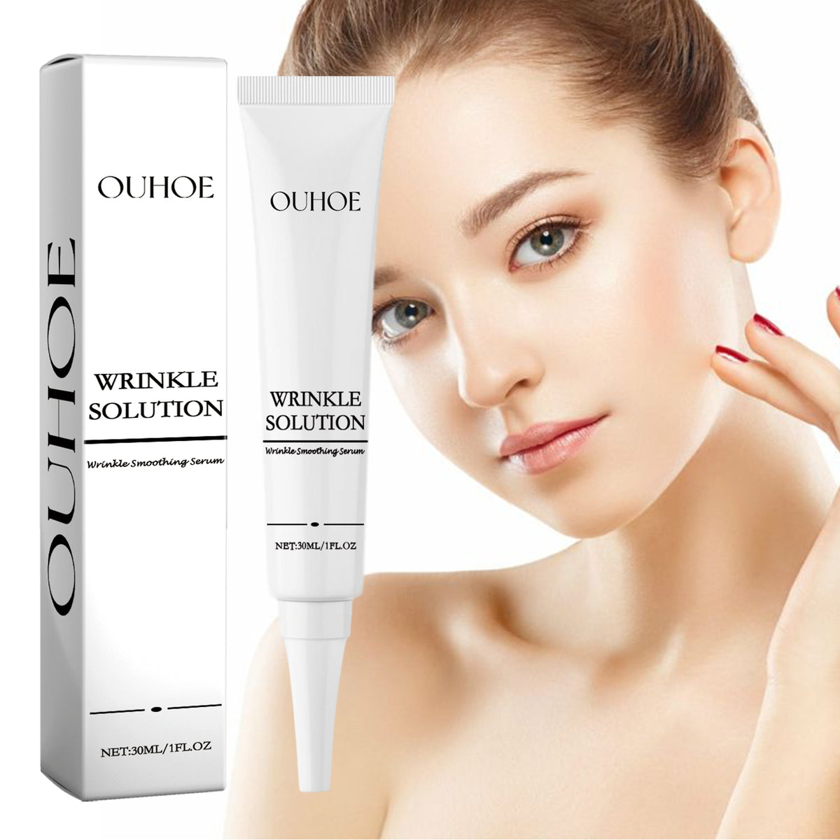 eprolo OUHOE anti-wrinkle serum in a glass bottle, featuring a dropper, for firming, brightening, and lifting facial skin.