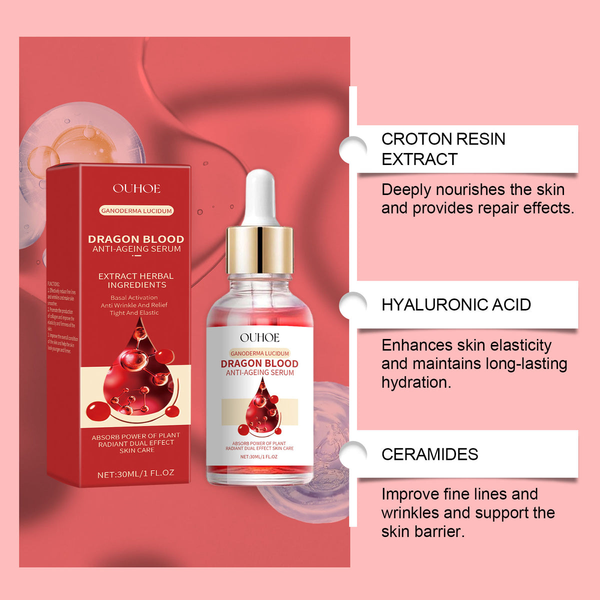 eprolo OUHOE Dragon Blood Essence bottle with label, facial skin contour radiance, hydrating and moisturizing skincare product