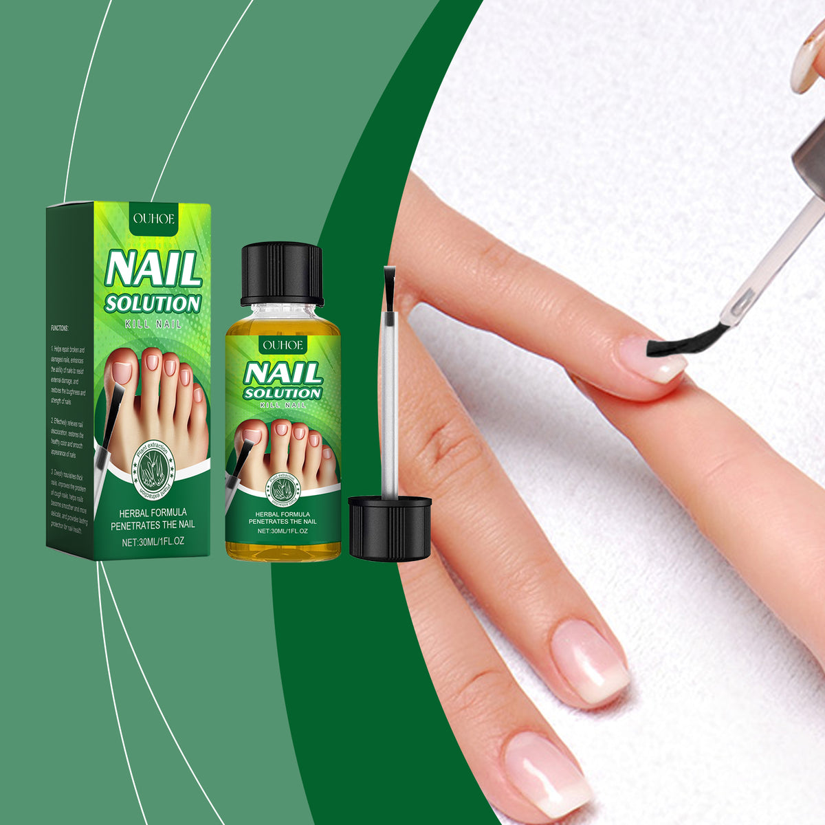 Eprolo OUHOE nail care solution bottle with a clear liquid, used for gentle nail repair, cleaning, nourishing, and shining.
