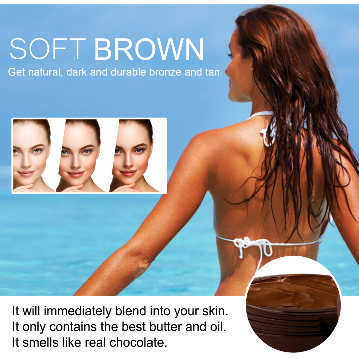Eprolo OUHOE soft brown summer seaside tanning cream for dark, moisturized skin with a smooth, even tan.