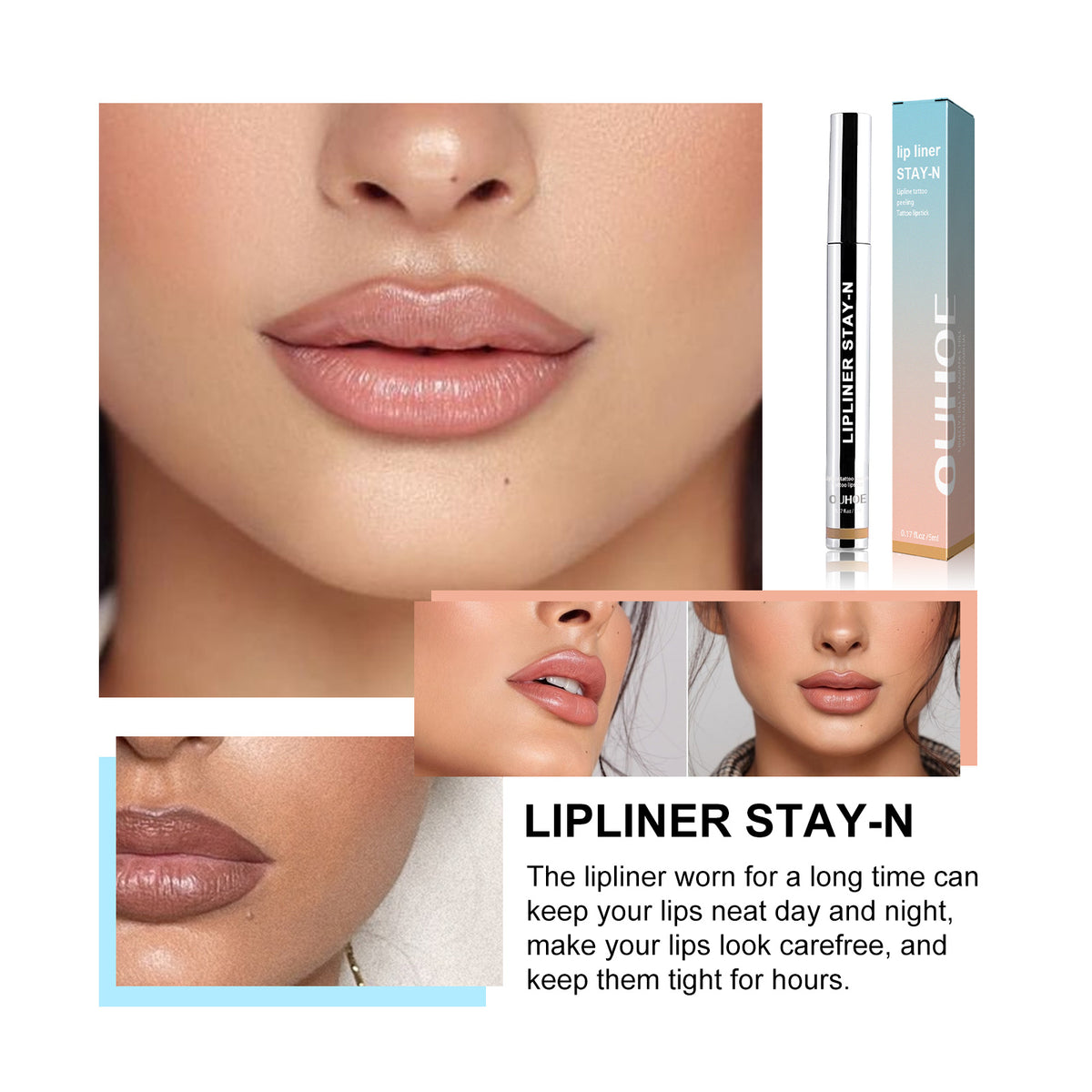 eprolo OUHOE light brown stripping lip liner highlighting lip lines and defining lips without smudging in a close-up image