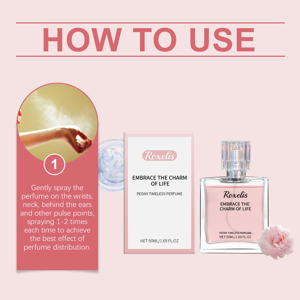 Eprolo Peony Fragrance Eternal Perfume bottle with elegant charm, natural floral scent, and lasting light fragrance.